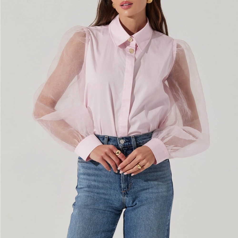 Astr the Label Nordstrom Pale Pink Sheer Organza Puff Sleeve Blouse XL NEW